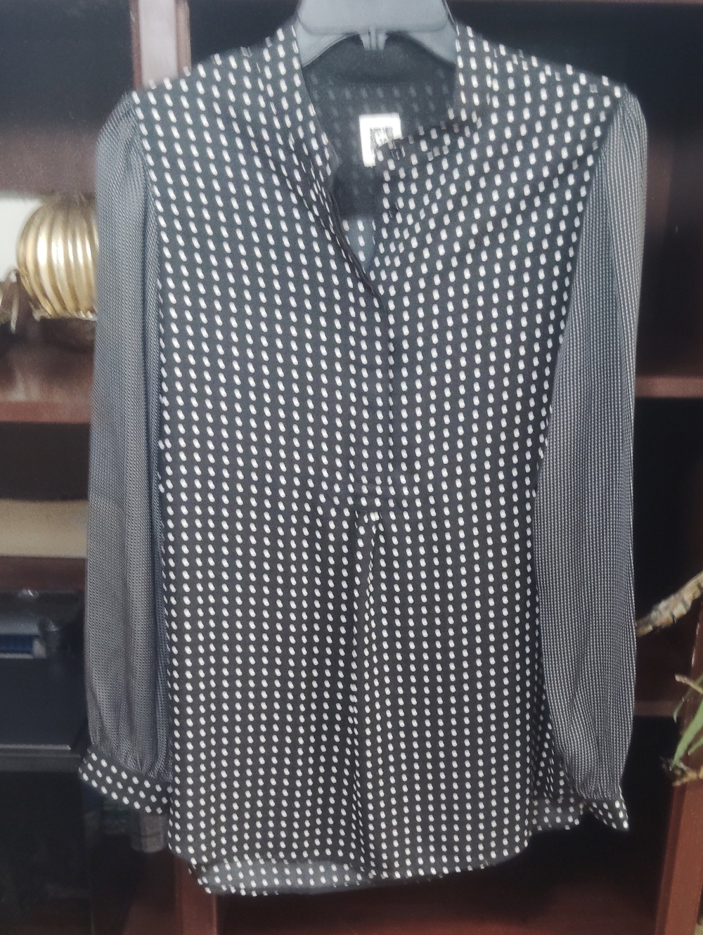 Anne Klein Black and White Dot-Print Long-Sleeve Blouse